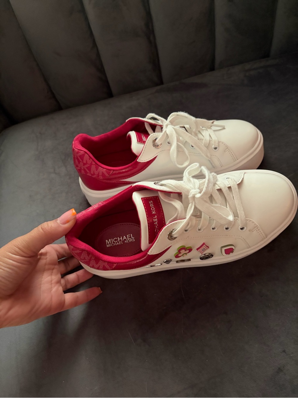 Michael Kors White Sneakers with Pink Accents and Embellished Charms - Picture 2 of 3